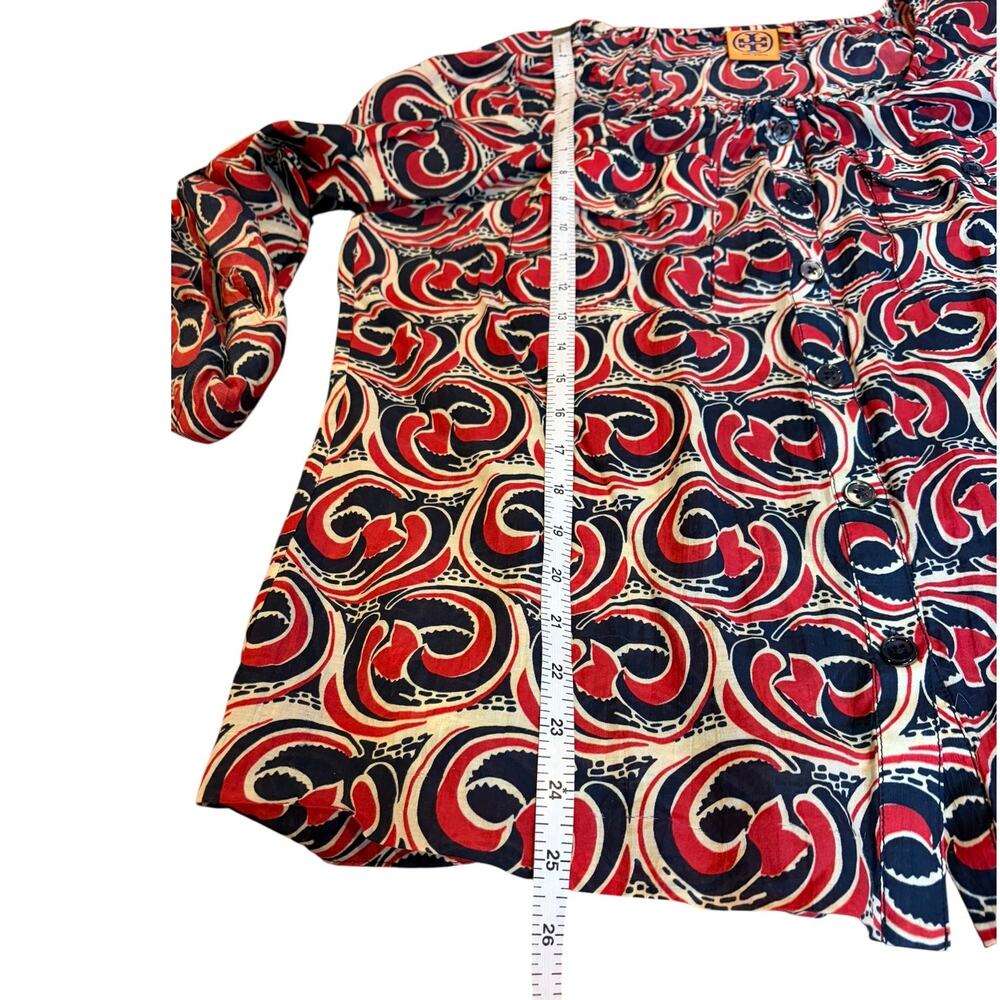 TORY BURCH Women's Abstract Button Down Blouse Sz 14 Red Blue Cotton Silk Blend - Picture 7 of 9